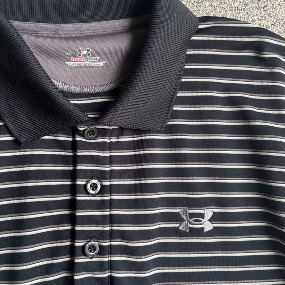 Under Armour Polo Men Large Black Striped HeatGear Short Sleeve Performance Golf - Picture 2 of 7